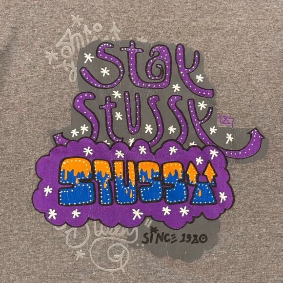 Y2k Vintage Stussy Gray Graphic Grafiti TShirt Cropped 19x23 - Picture 2 of 5